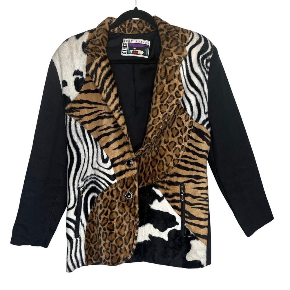 VTG Y2k Other Destination Animal Print Faux Fur  Jacket S 80s Mix Media Maximal